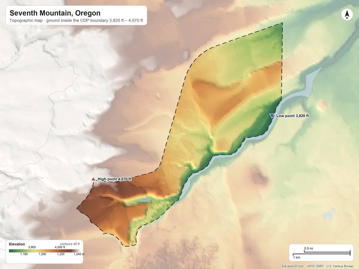 Topographic elevation map of Seventh Mountain, Oregon, shaded from 3,820 ft on the east side to 4,070 ft on the southwest edge, below higher ground just outside