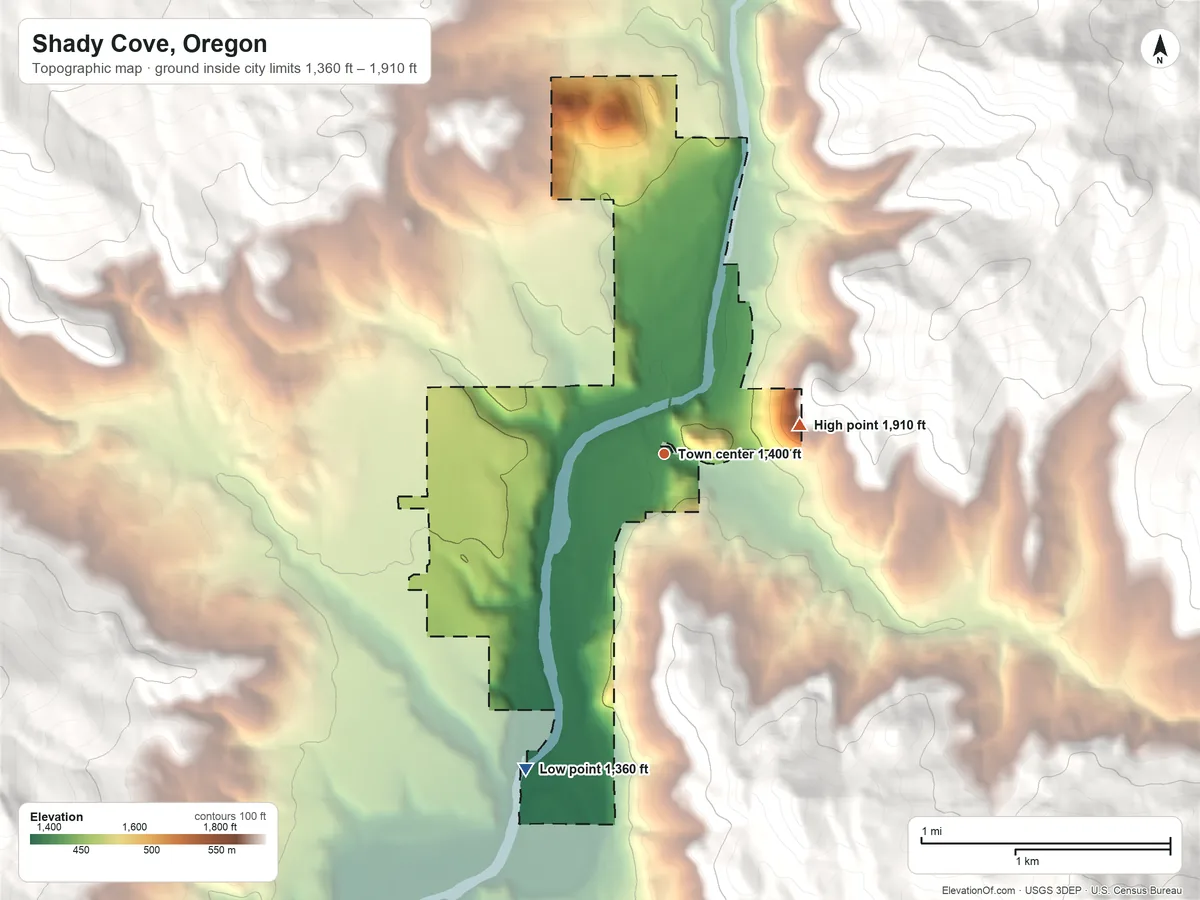 Topographic elevation map of Shady Cove, Oregon, shaded from 1,360 ft on the southwest side to 1,910 ft on the east edge, below higher ground just outside