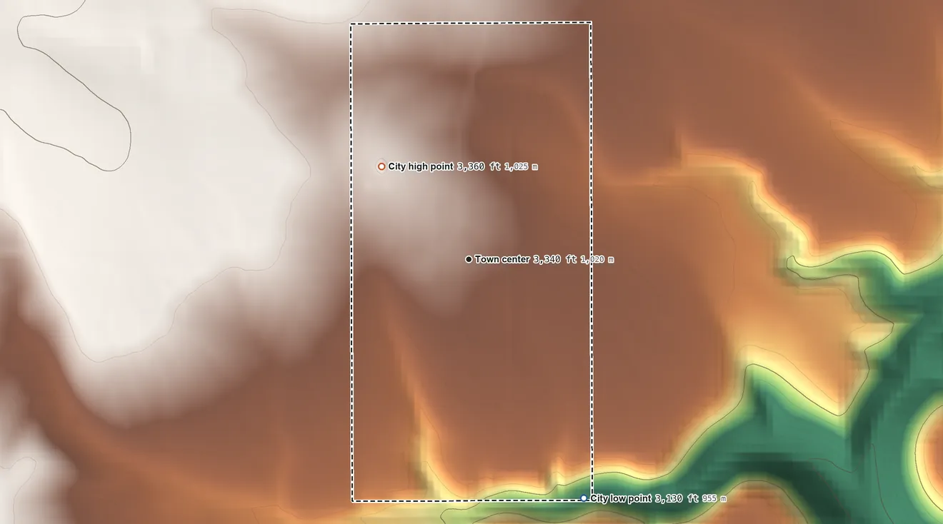Topographic elevation map of Shaniko, Oregon, shaded from 3,130 ft on the southeast side to 3,360 ft on the northwest side