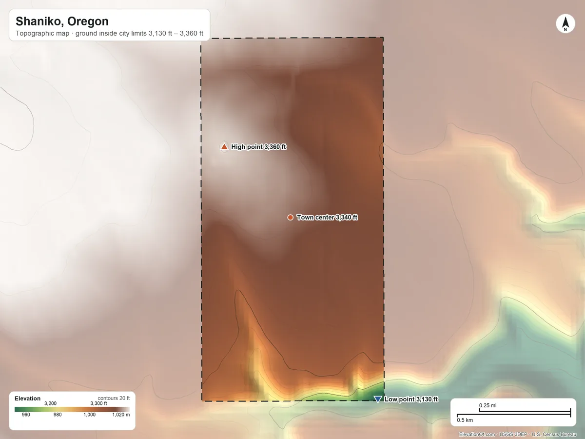Topographic elevation map of Shaniko, Oregon, shaded from 3,130 ft on the southeast side to 3,360 ft on the northwest side