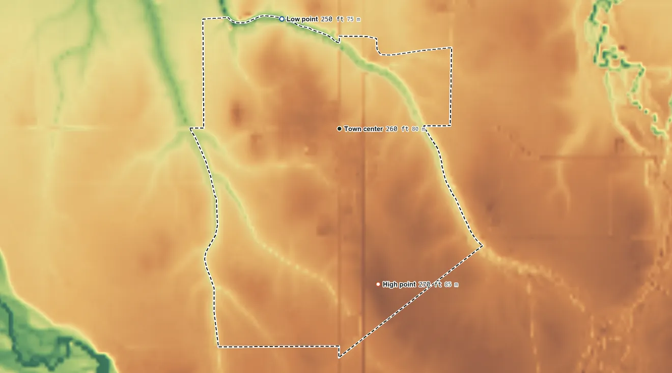 Topographic elevation map of Shedd, Oregon, shaded from 250 ft on the northwest side to 270 ft on the south side