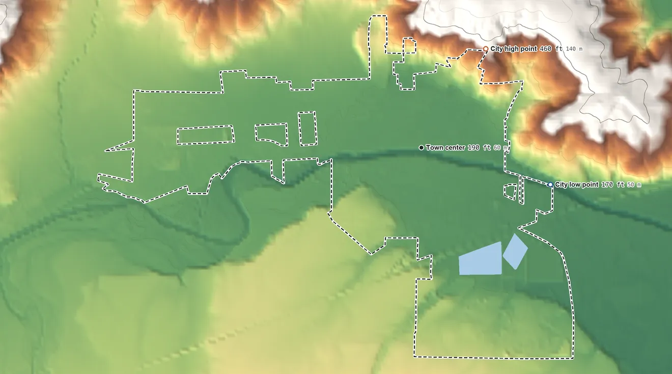 Topographic elevation map of Sheridan, Oregon, shaded from 170 ft on the east side to 460 ft at the foot of the Amity Hills