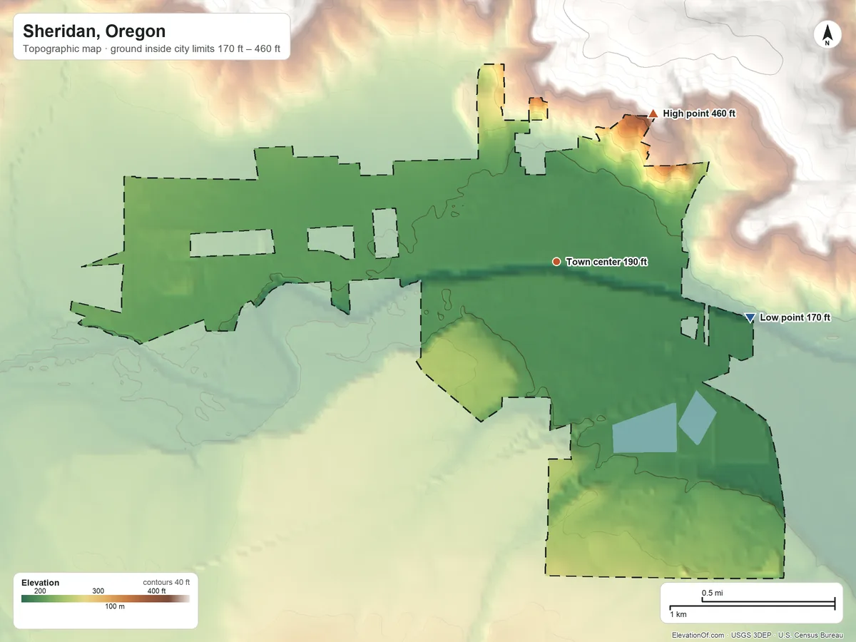 Topographic elevation map of Sheridan, Oregon, shaded from 170 ft on the east side to 460 ft at the foot of the Amity Hills