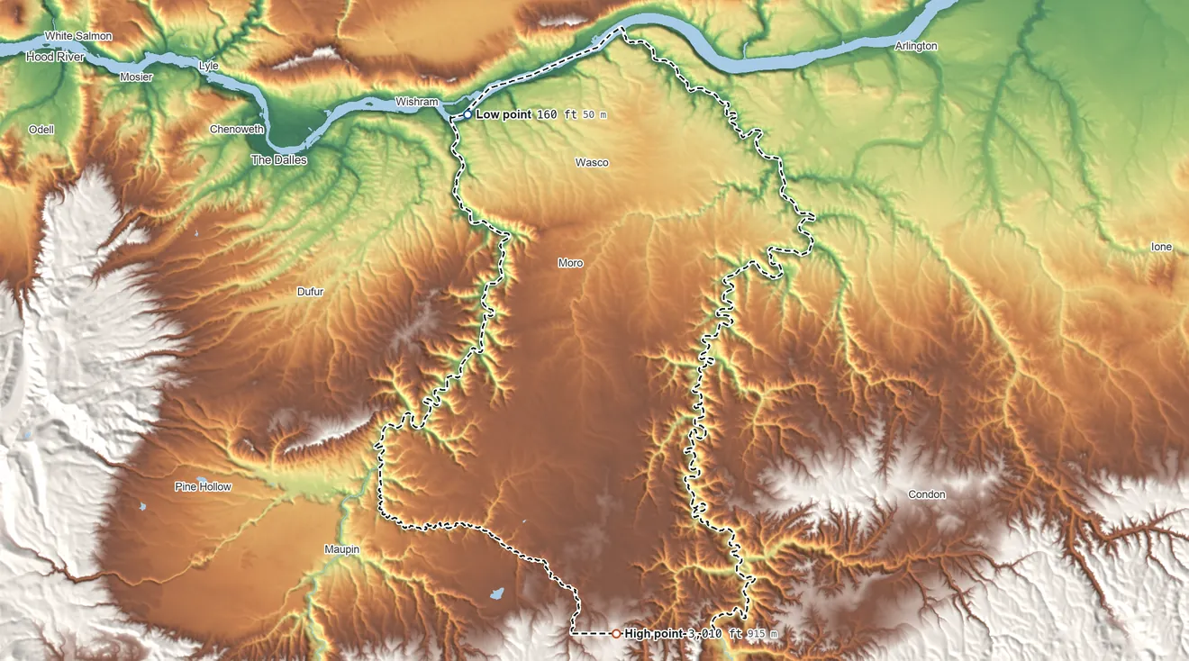 Topographic elevation map of Sherman County, Oregon, shaded from 160 ft on the northwest side to 3,010 ft on the south side
