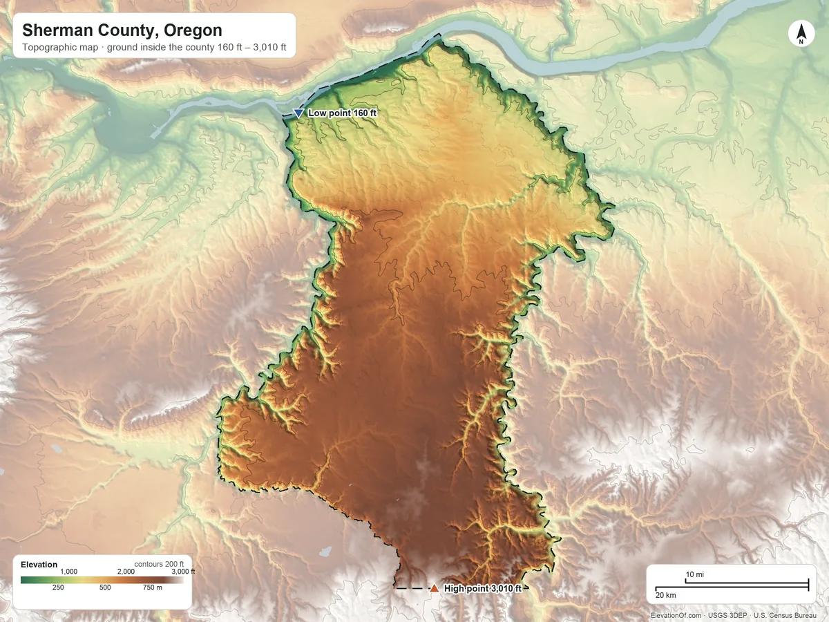 Topographic elevation map of Sherman County, Oregon, shaded from 160 ft on the northwest side to 3,010 ft on the south side