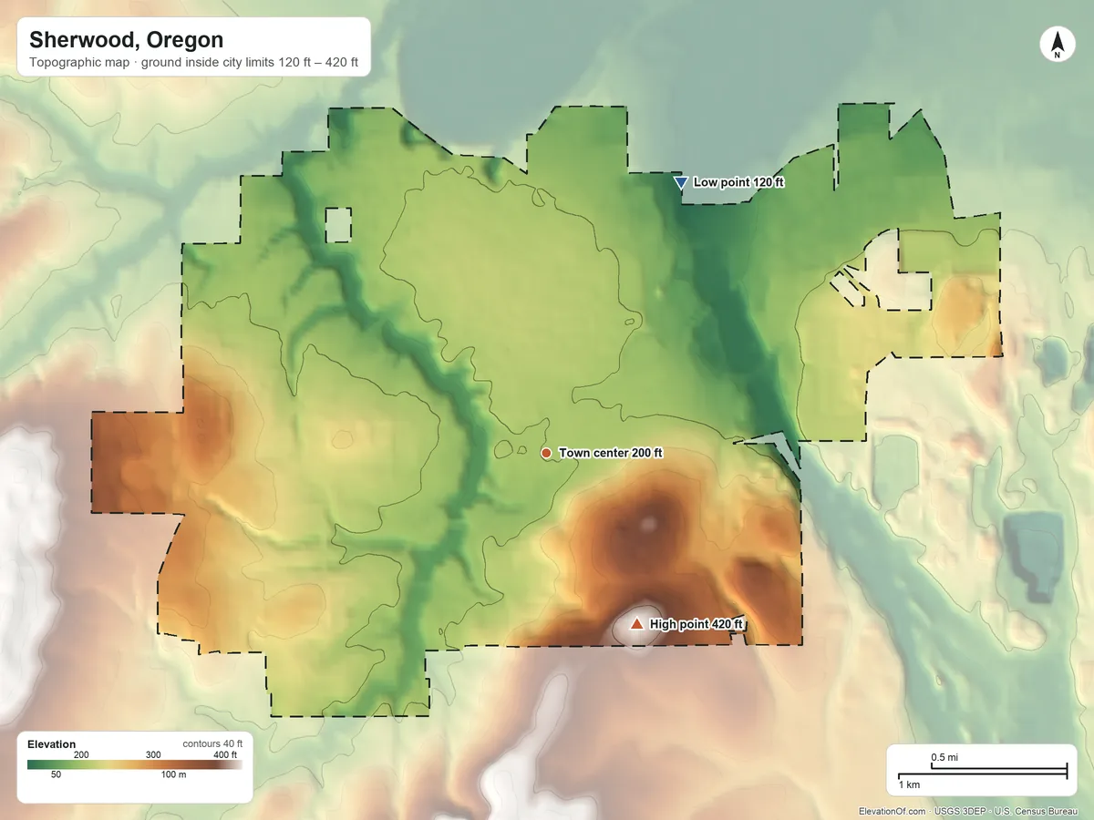 Topographic elevation map of Sherwood, Oregon, shaded from 120 ft on the northeast side to 420 ft at the foot of the Chehalem Mountains