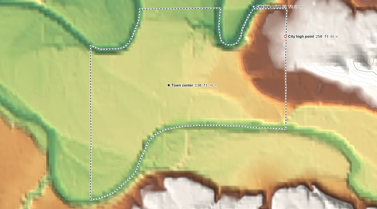 Topographic elevation map of Siletz, Oregon, shaded from 65 ft on the northeast side to 250 ft on the northeast edge, below higher ground just outside