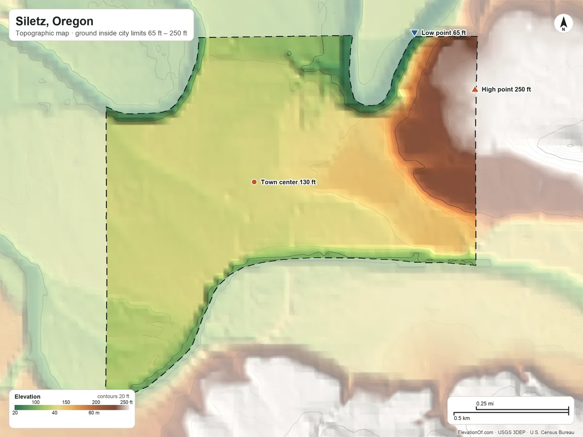 Topographic elevation map of Siletz, Oregon, shaded from 65 ft on the northeast side to 250 ft on the northeast edge, below higher ground just outside