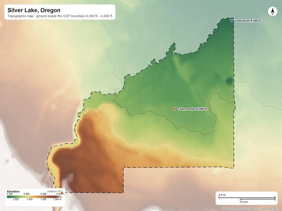 Topographic elevation map of Silver Lake, Oregon, shaded from 4,340 ft on the northeast side to 4,400 ft on the southwest side