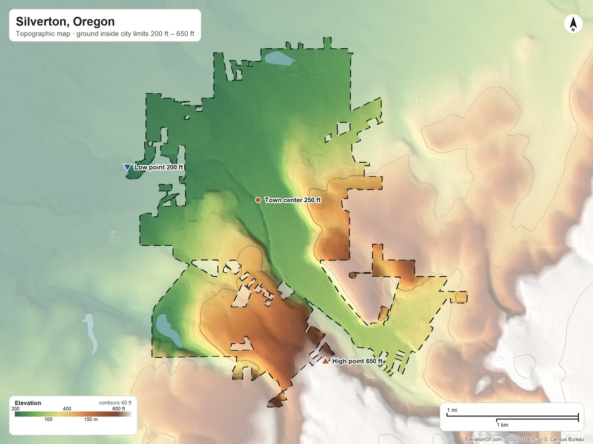 Topographic elevation map of Silverton, Oregon, shaded from 200 ft on the west side to 650 ft on the southeast side