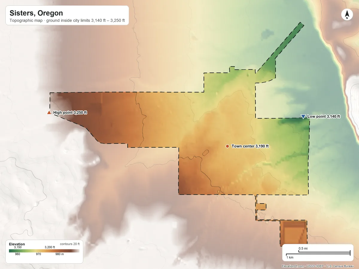 Topographic elevation map of Sisters, Oregon, shaded from 3,140 ft on the east side to 3,250 ft on the west side