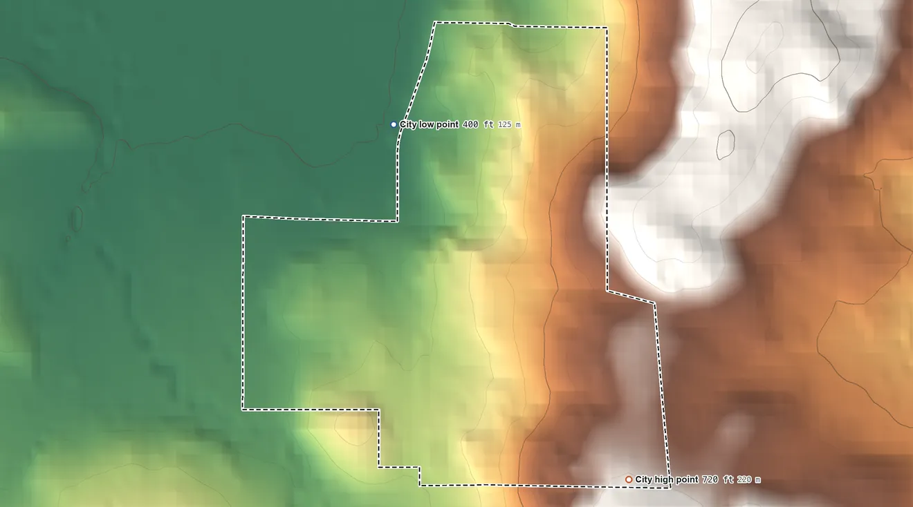 Topographic elevation map of Sodaville, Oregon, shaded from 400 ft on the northwest side to 720 ft on the southeast edge, below higher ground just outside