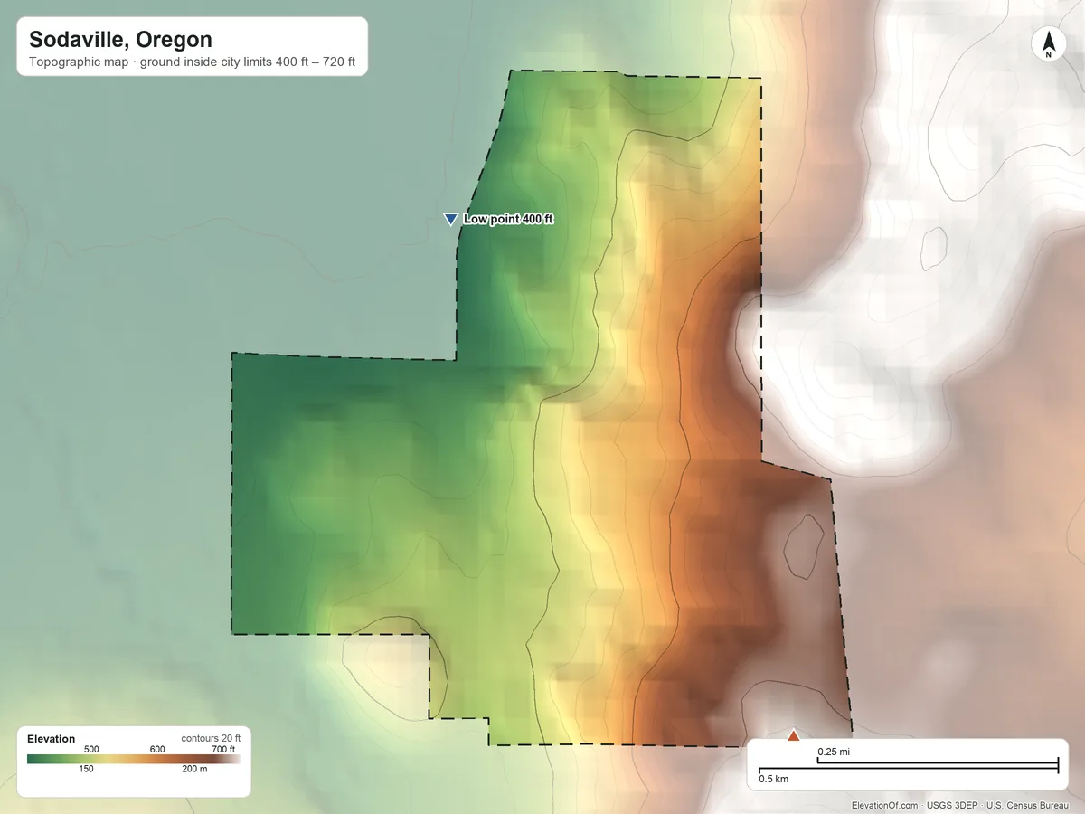 Topographic elevation map of Sodaville, Oregon, shaded from 400 ft on the northwest side to 720 ft on the southeast edge, below higher ground just outside