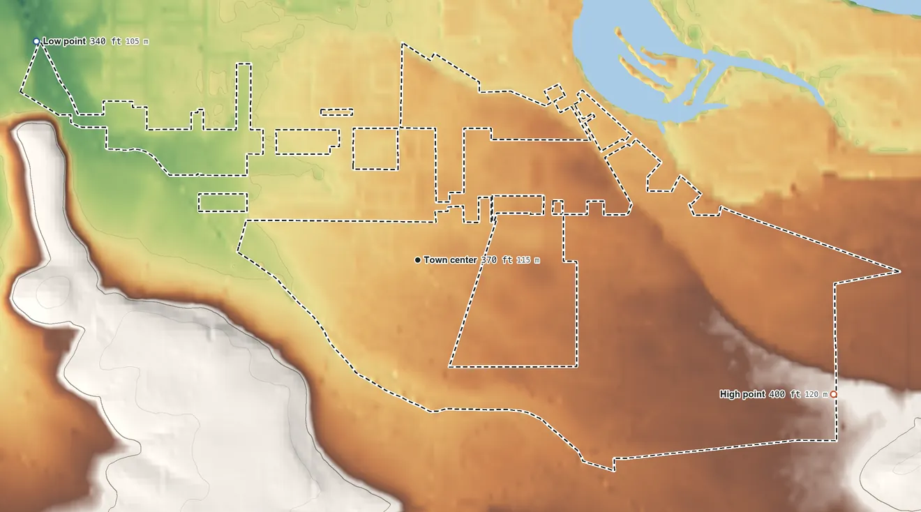 Topographic elevation map of South Lebanon, Oregon, shaded from 340 ft on the northwest side to 400 ft on the east edge, below higher ground just outside