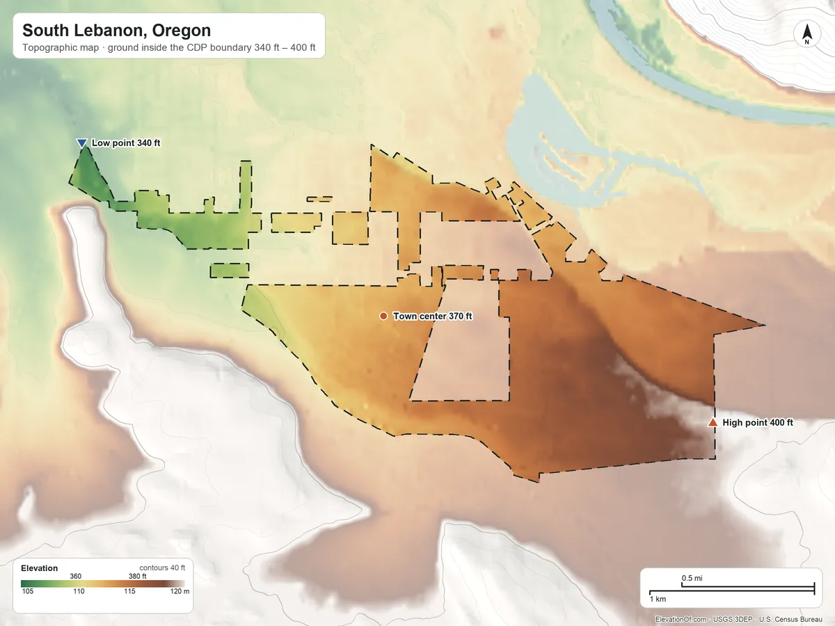 Topographic elevation map of South Lebanon, Oregon, shaded from 340 ft on the northwest side to 400 ft on the east edge, below higher ground just outside