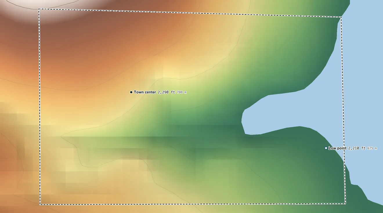 Topographic elevation map of Sportsmans Park, Oregon, shaded from 2,210 ft on the east side to 2,410 ft on the northwest edge, below higher ground just outside