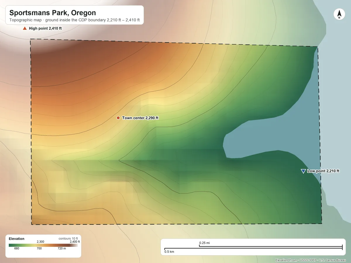 Topographic elevation map of Sportsmans Park, Oregon, shaded from 2,210 ft on the east side to 2,410 ft on the northwest edge, below higher ground just outside