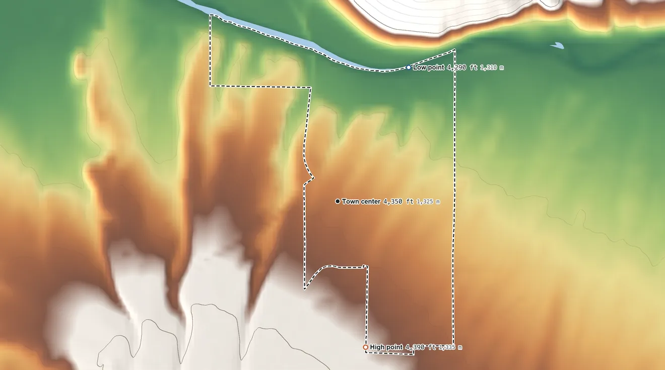 Topographic elevation map of Sprague River, Oregon, shaded from 4,290 ft on the northeast side to 4,390 ft on the south edge, below higher ground just outside