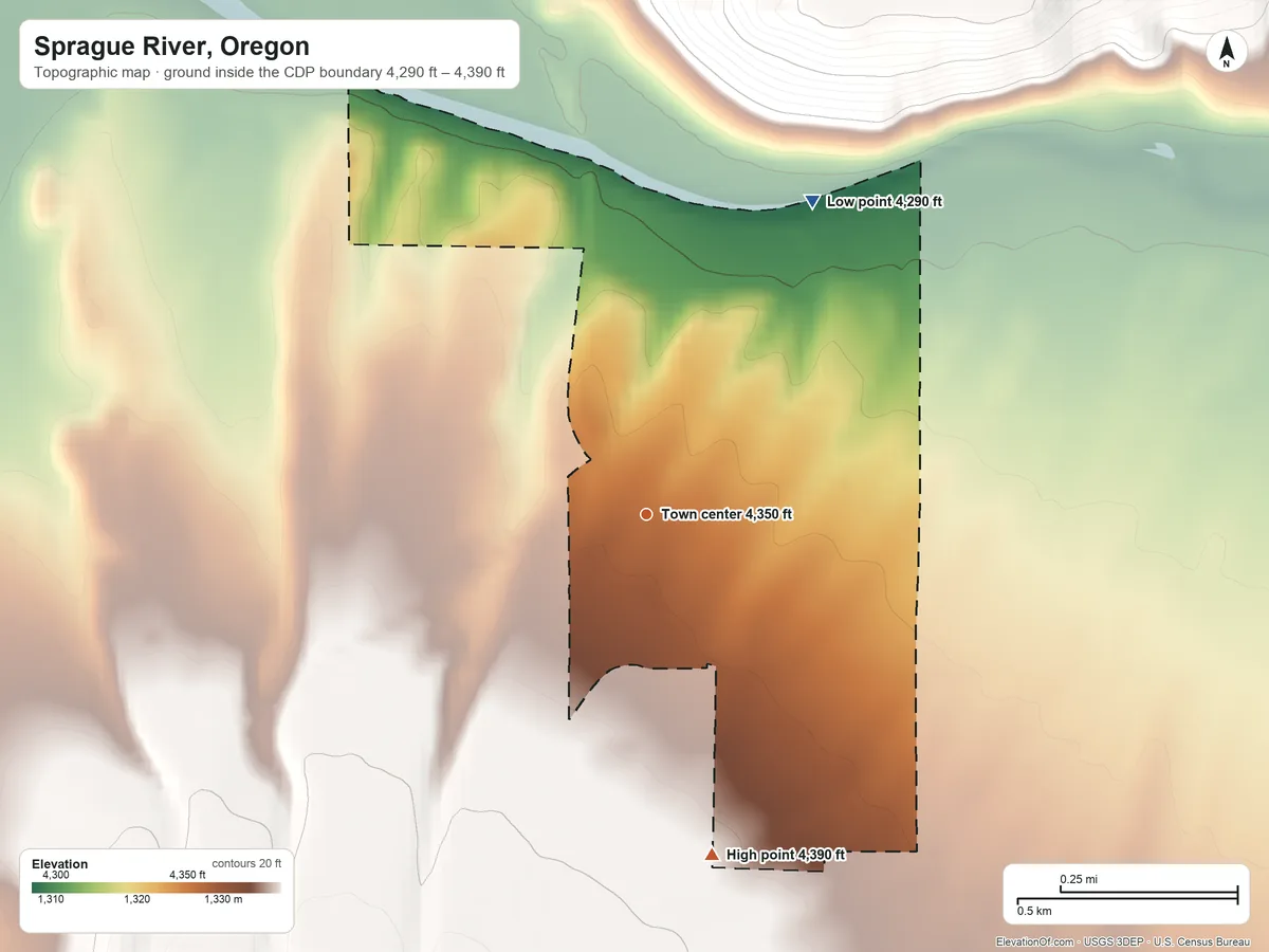 Topographic elevation map of Sprague River, Oregon, shaded from 4,290 ft on the northeast side to 4,390 ft on the south edge, below higher ground just outside