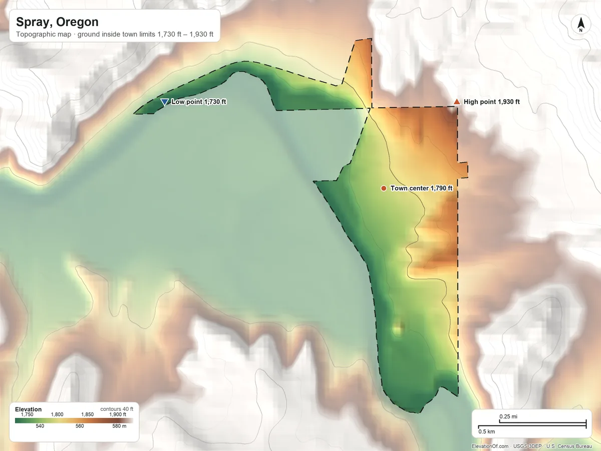 Topographic elevation map of Spray, Oregon, shaded from 1,730 ft on the west side to 1,930 ft on the northeast edge, below higher ground just outside
