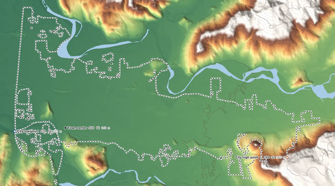 Topographic elevation map of Springfield, Oregon, shaded from 420 ft on the west side to 1,200 ft at the foot of the Coburg Hills
