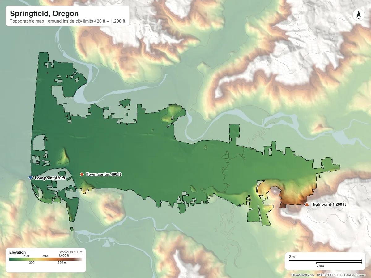Topographic elevation map of Springfield, Oregon, shaded from 420 ft on the west side to 1,200 ft at the foot of the Coburg Hills