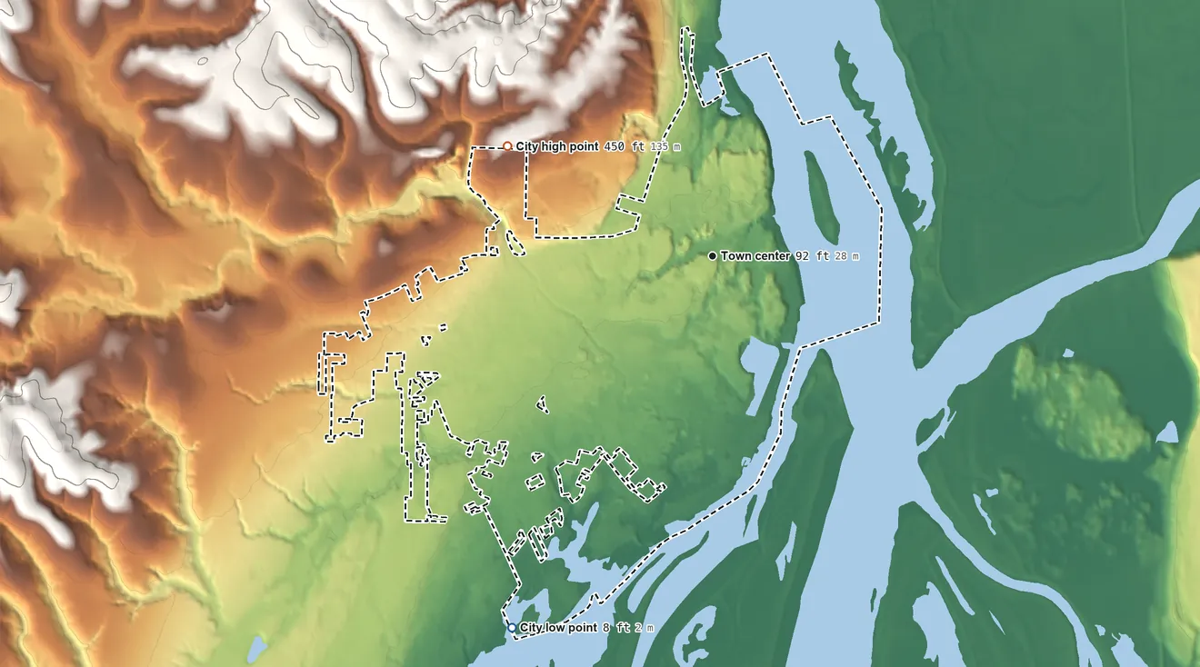 Topographic elevation map of St. Helens, Oregon, shaded from 8 ft on the southwest side to 450 ft on the northwest side