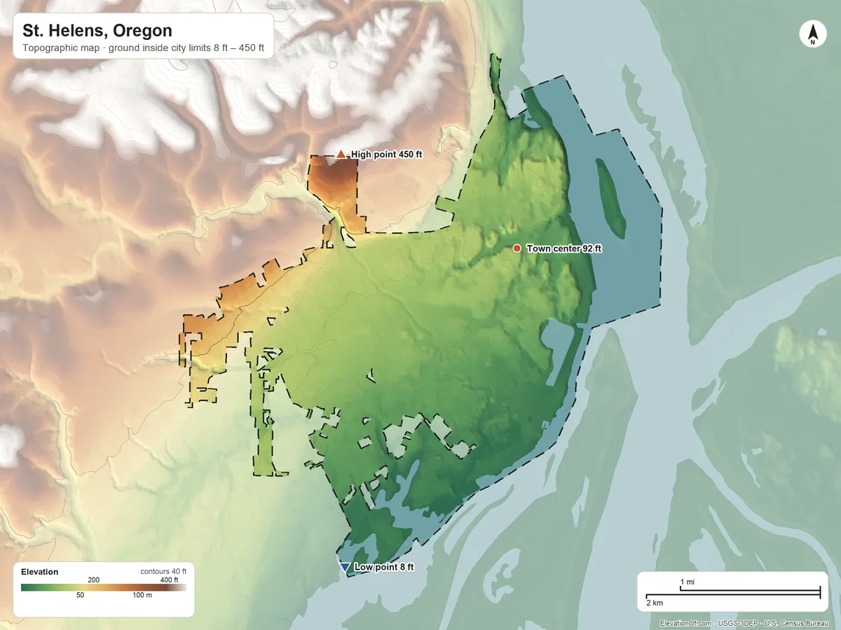 Topographic elevation map of St. Helens, Oregon, shaded from 8 ft on the southwest side to 450 ft on the northwest side