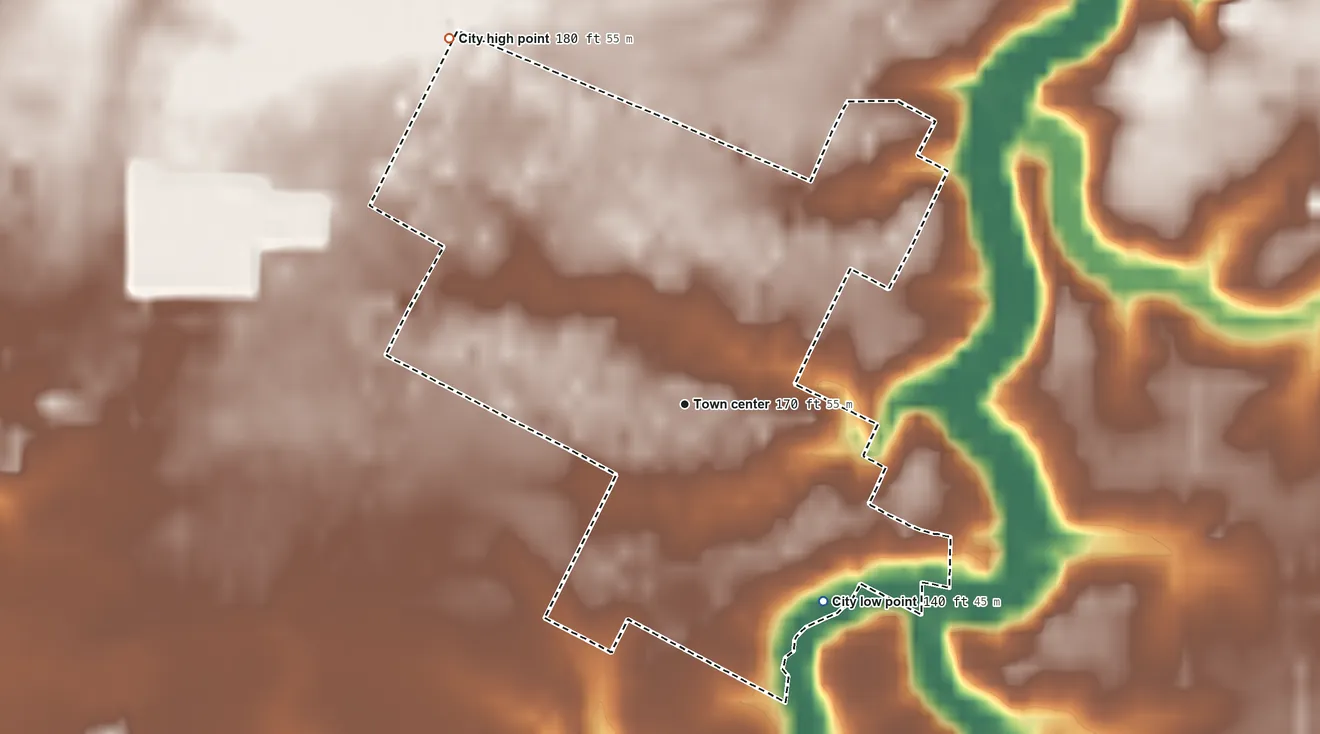 Topographic elevation map of St. Paul, Oregon, shaded from 140 ft on the southeast side to 180 ft on the northwest side
