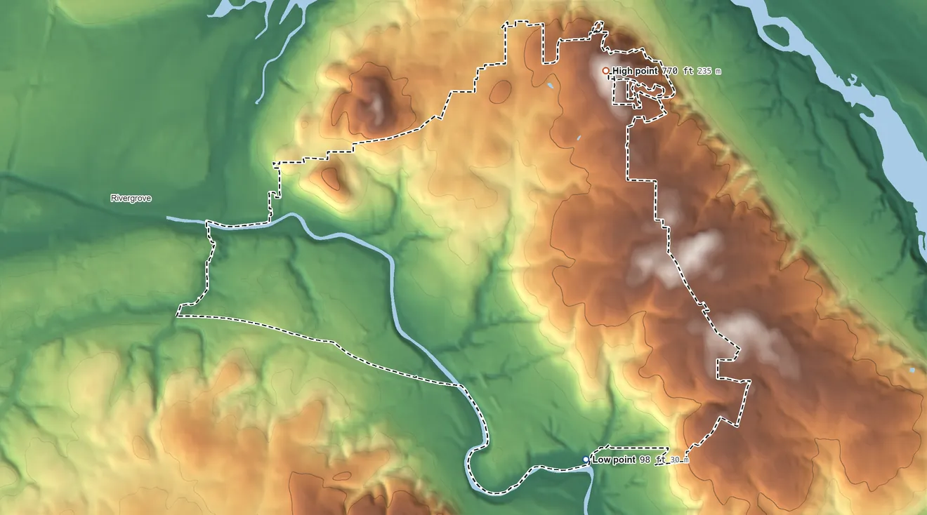 Topographic elevation map of Stafford, Oregon, shaded from 98 ft on the southeast side to 770 ft on the northeast side