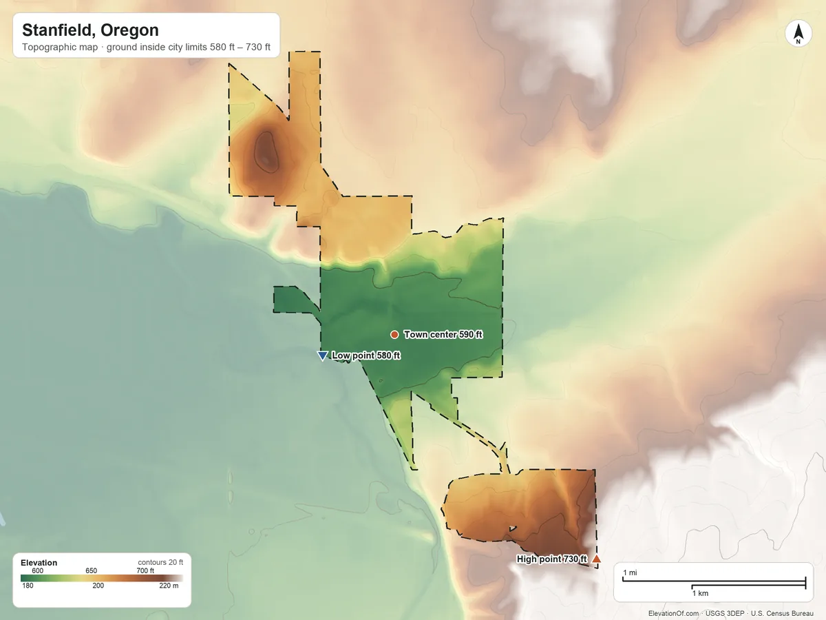 Topographic elevation map of Stanfield, Oregon, shaded from 580 ft on the west side to 730 ft on the southeast side