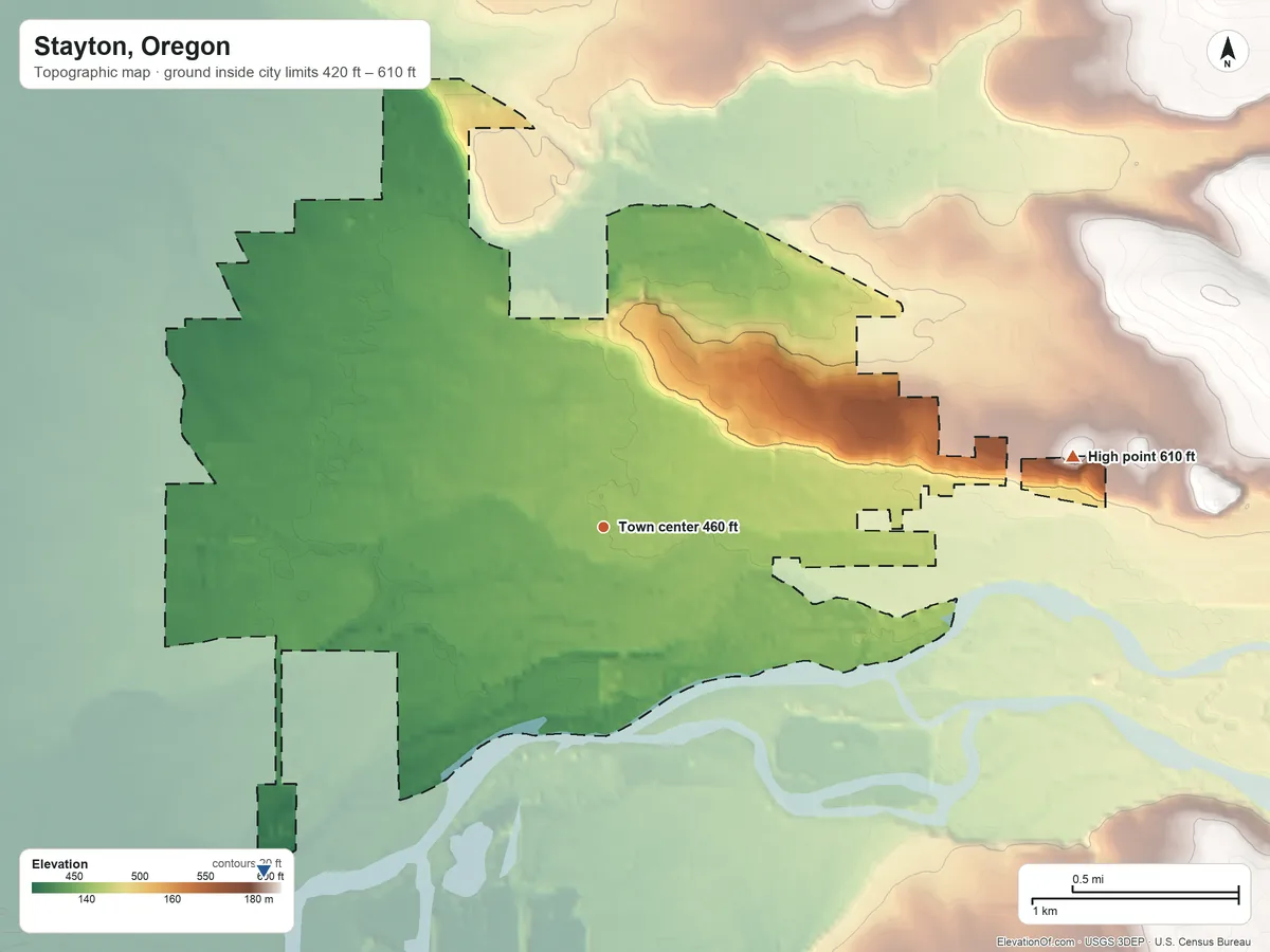 Topographic elevation map of Stayton, Oregon, shaded from 420 ft on the southwest side to 610 ft on the east side