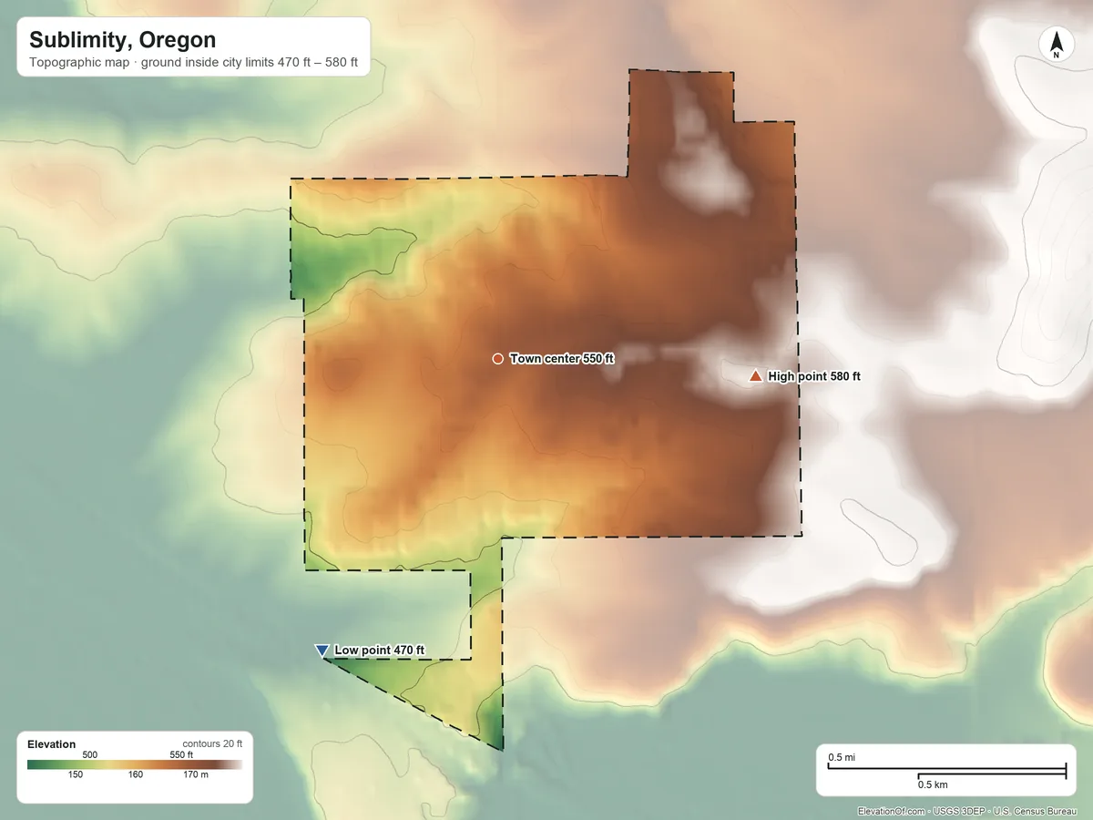 Topographic elevation map of Sublimity, Oregon, shaded from 470 ft on the southwest side to 580 ft on the east side