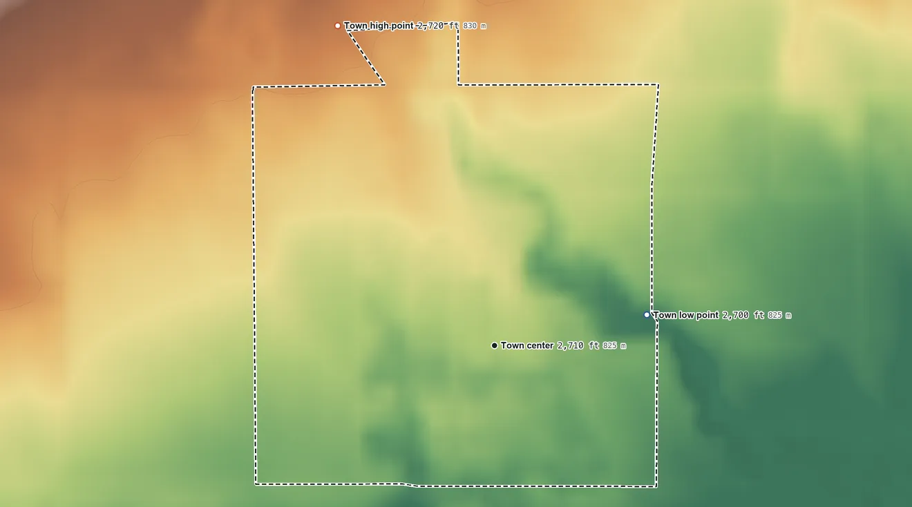 Topographic elevation map of Summerville, Oregon, shaded from 2,700 ft on the east side to 2,720 ft at the foot of the Blue Mountains
