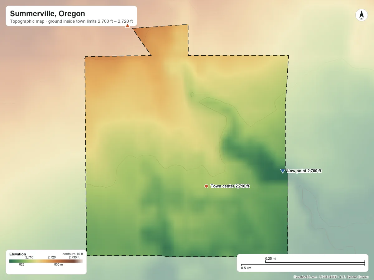 Topographic elevation map of Summerville, Oregon, shaded from 2,700 ft on the east side to 2,720 ft at the foot of the Blue Mountains