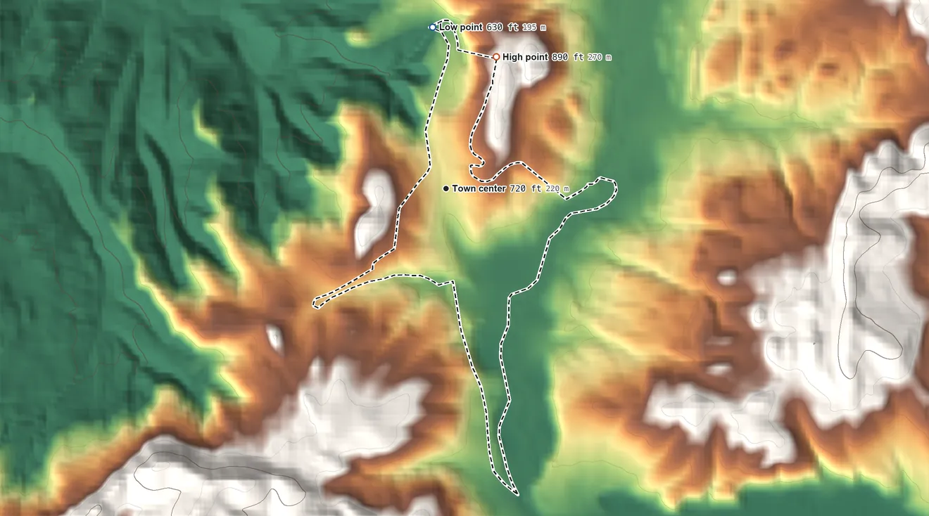 Topographic elevation map of Summit, Oregon, shaded from 630 ft on the north side to 890 ft at the foot of the Cardwell Hills