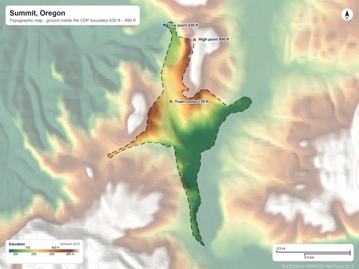 Topographic elevation map of Summit, Oregon, shaded from 630 ft on the north side to 890 ft at the foot of the Cardwell Hills
