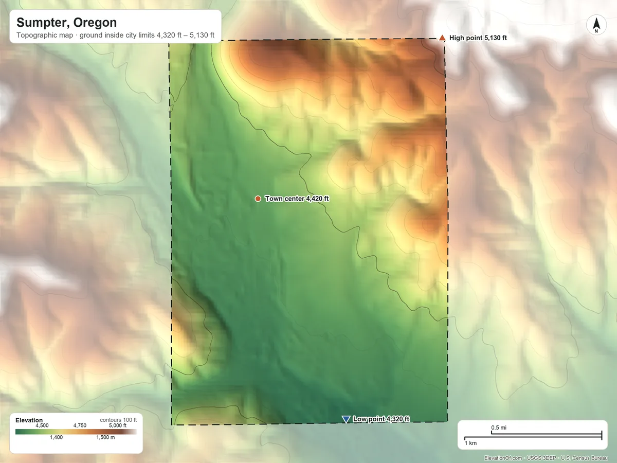Topographic elevation map of Sumpter, Oregon, shaded from 4,320 ft on the south side to 5,130 ft on the northeast edge, below higher ground just outside