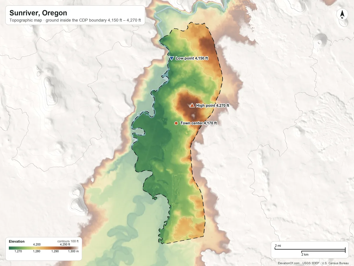 Topographic elevation map of Sunriver, Oregon, shaded from 4,150 ft on the north side to 4,270 ft near the middle
