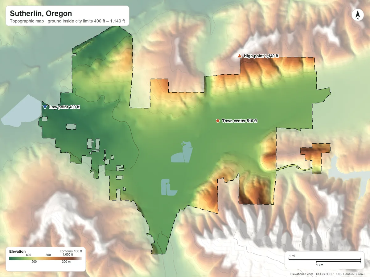 Topographic elevation map of Sutherlin, Oregon, shaded from 400 ft on the west side to 1,140 ft on the north side
