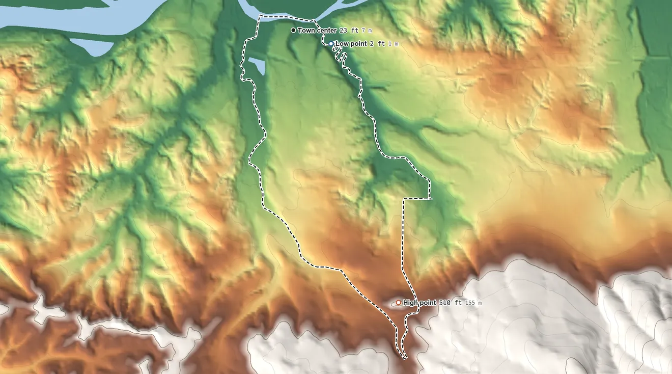 Topographic elevation map of Svensen, Oregon, shaded from 2 ft on the east side to 510 ft on the south edge, below higher ground just outside