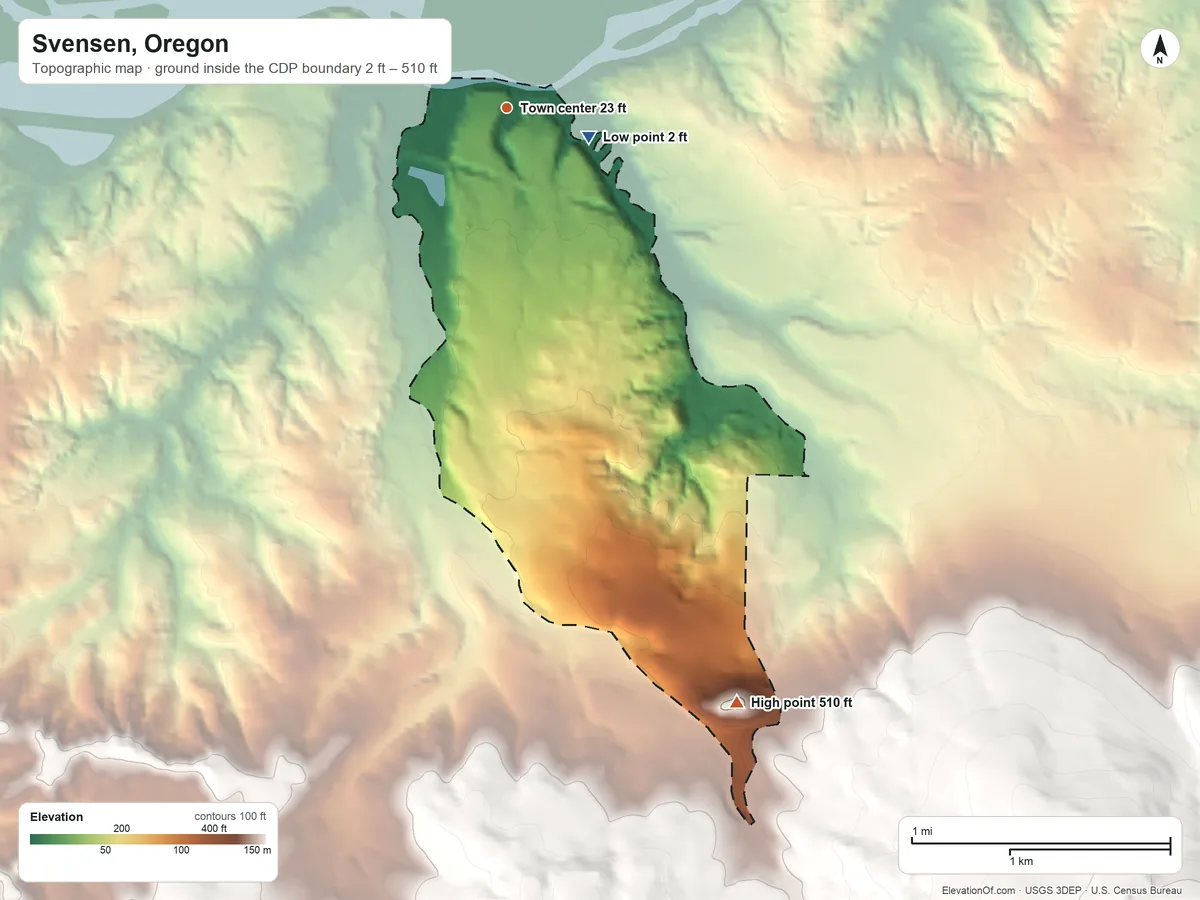 Topographic elevation map of Svensen, Oregon, shaded from 2 ft on the east side to 510 ft on the south edge, below higher ground just outside