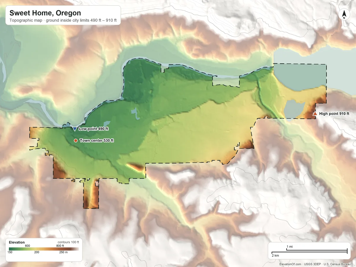 Topographic elevation map of Sweet Home, Oregon, shaded from 490 ft near the middle to 910 ft on the east edge, below higher ground just outside