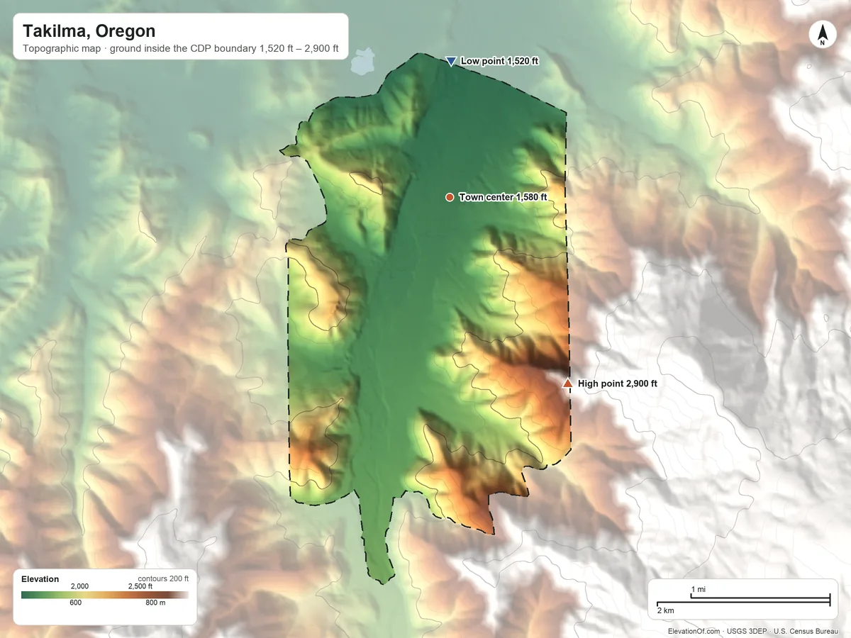 Topographic elevation map of Takilma, Oregon, shaded from 1,520 ft on the north side to 2,900 ft on the southeast edge, below higher ground just outside