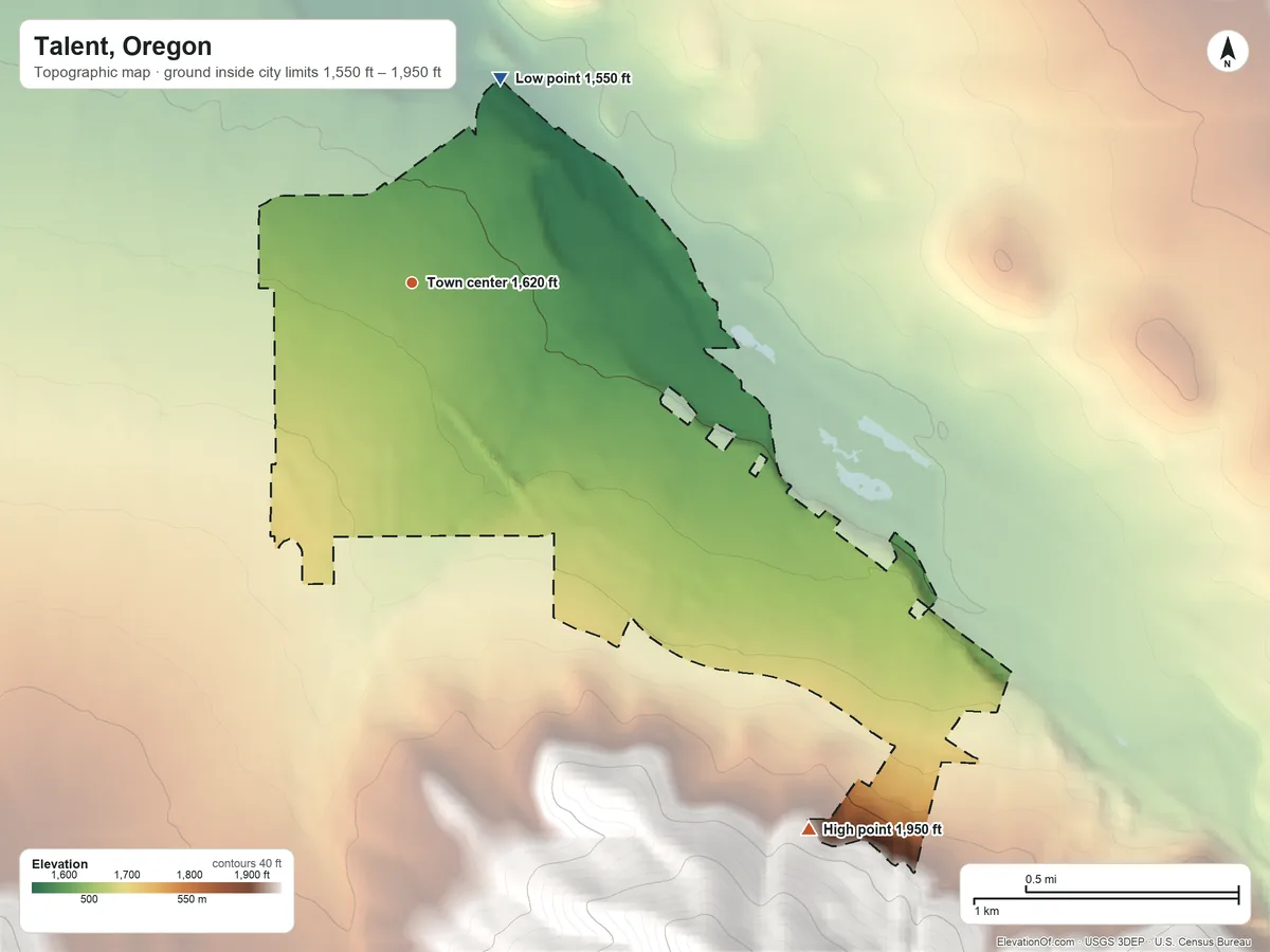 Topographic elevation map of Talent, Oregon, shaded from 1,550 ft on the northeast side to 1,950 ft on the southeast edge, below higher ground just outside