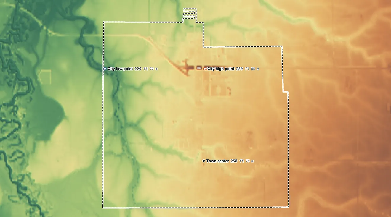 Topographic elevation map of Tangent, Oregon, shaded from 220 ft on the northwest side to 280 ft on the north side