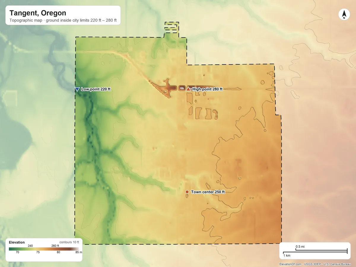 Topographic elevation map of Tangent, Oregon, shaded from 220 ft on the northwest side to 280 ft on the north side