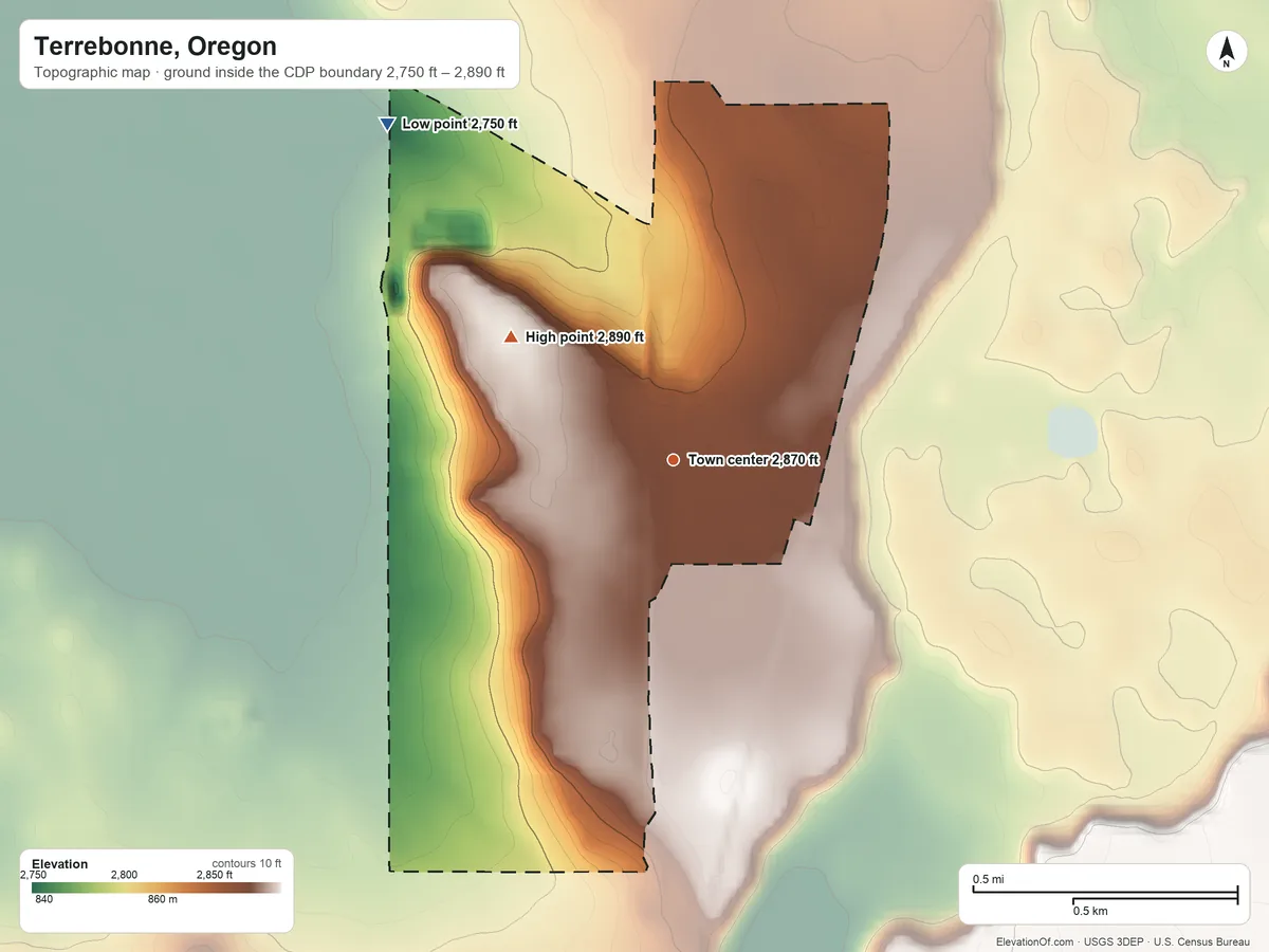 Topographic elevation map of Terrebonne, Oregon, shaded from 2,750 ft on the northwest side to 2,890 ft on the northwest side
