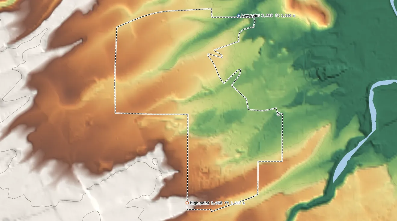 Topographic elevation map of Tetherow, Oregon, shaded from 3,730 ft on the north side to 3,960 ft on the south side