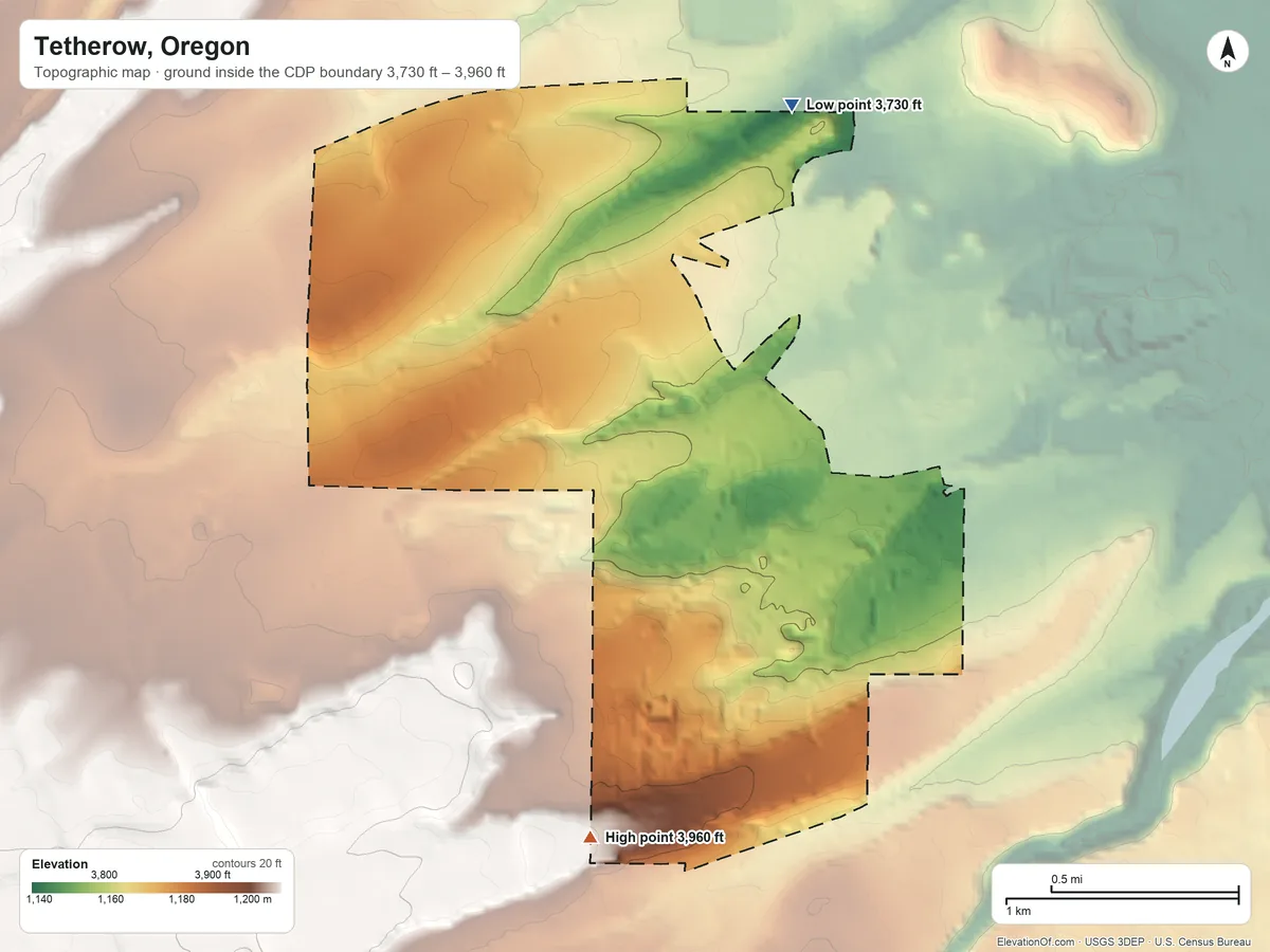 Topographic elevation map of Tetherow, Oregon, shaded from 3,730 ft on the north side to 3,960 ft on the south side